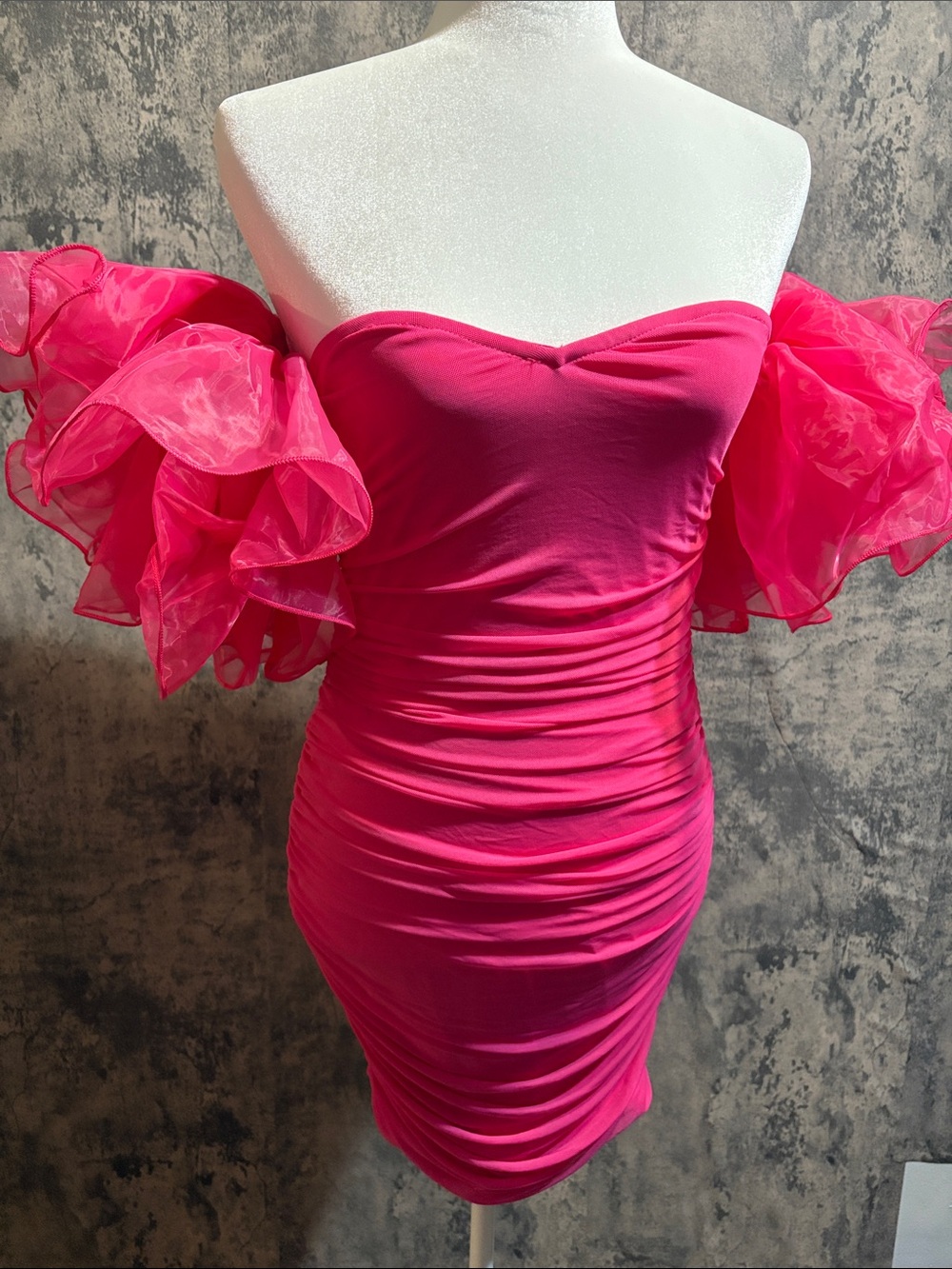 SHEIN Hot Pink Strapless Ruffle Sleeve Bodycon Dress